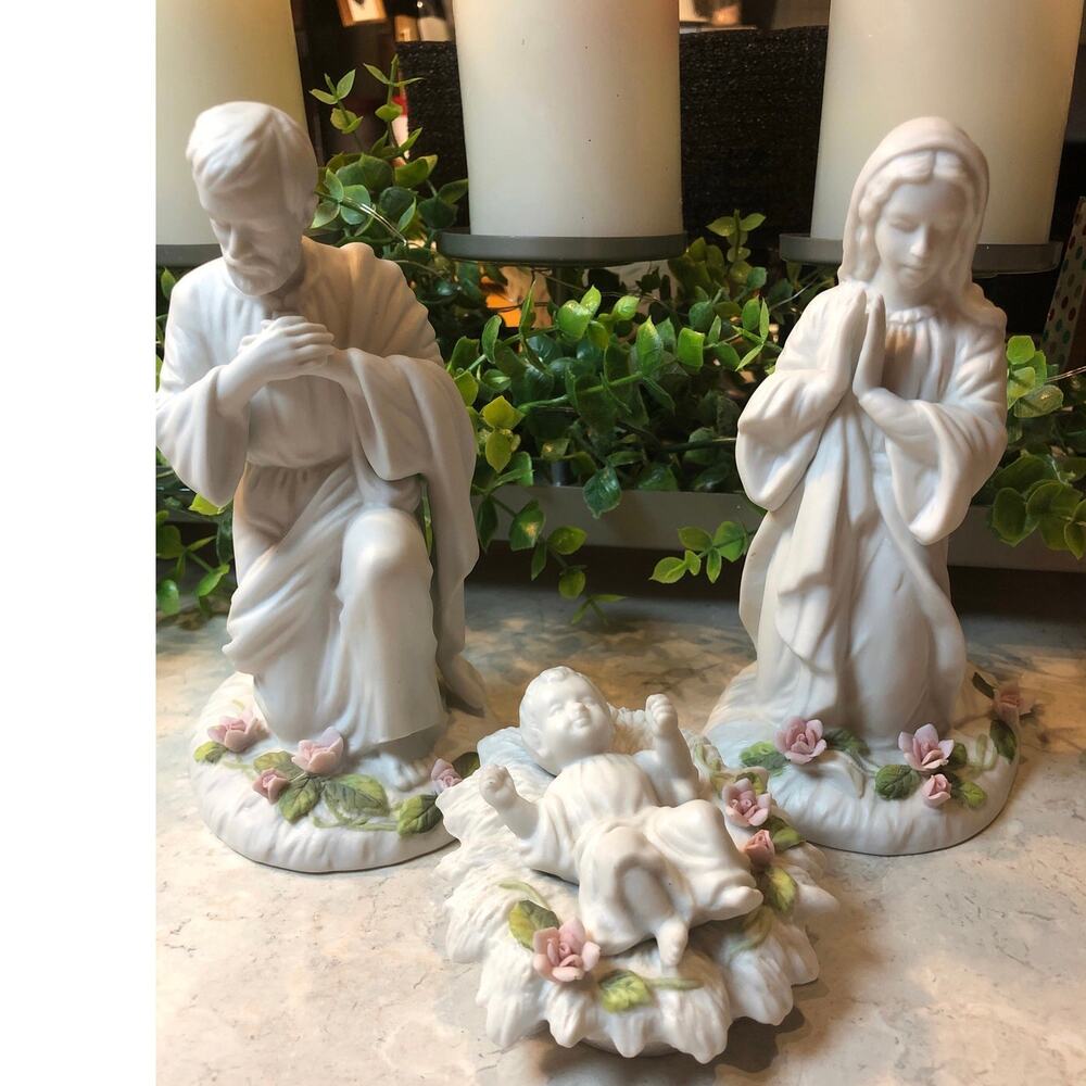 Vintage 1986 Nativity Holy Family , 1986 Bisque baby Jesus holy mother, Joseph